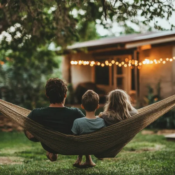 Familia descansando frente a una casa de campo